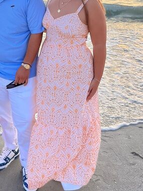 LOFT White Maxi Dress with orange Botanical Print worn once
